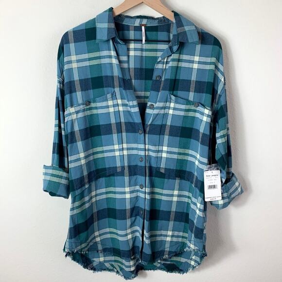FREE PEOPLE NWT Button Up Plaid Blue Blouse Top Shirt – Small - Picture 8 of 15